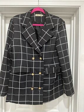 Windowpane Double-Breasted Blazer Jacket - Black by